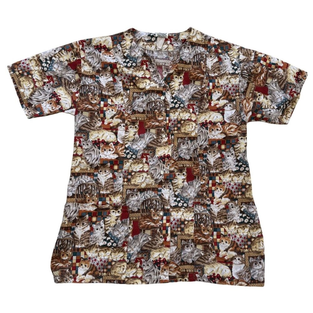 Pearl Healthwear Cat Print Scrub Top Medium Cotton Pearl Snap Made In USA